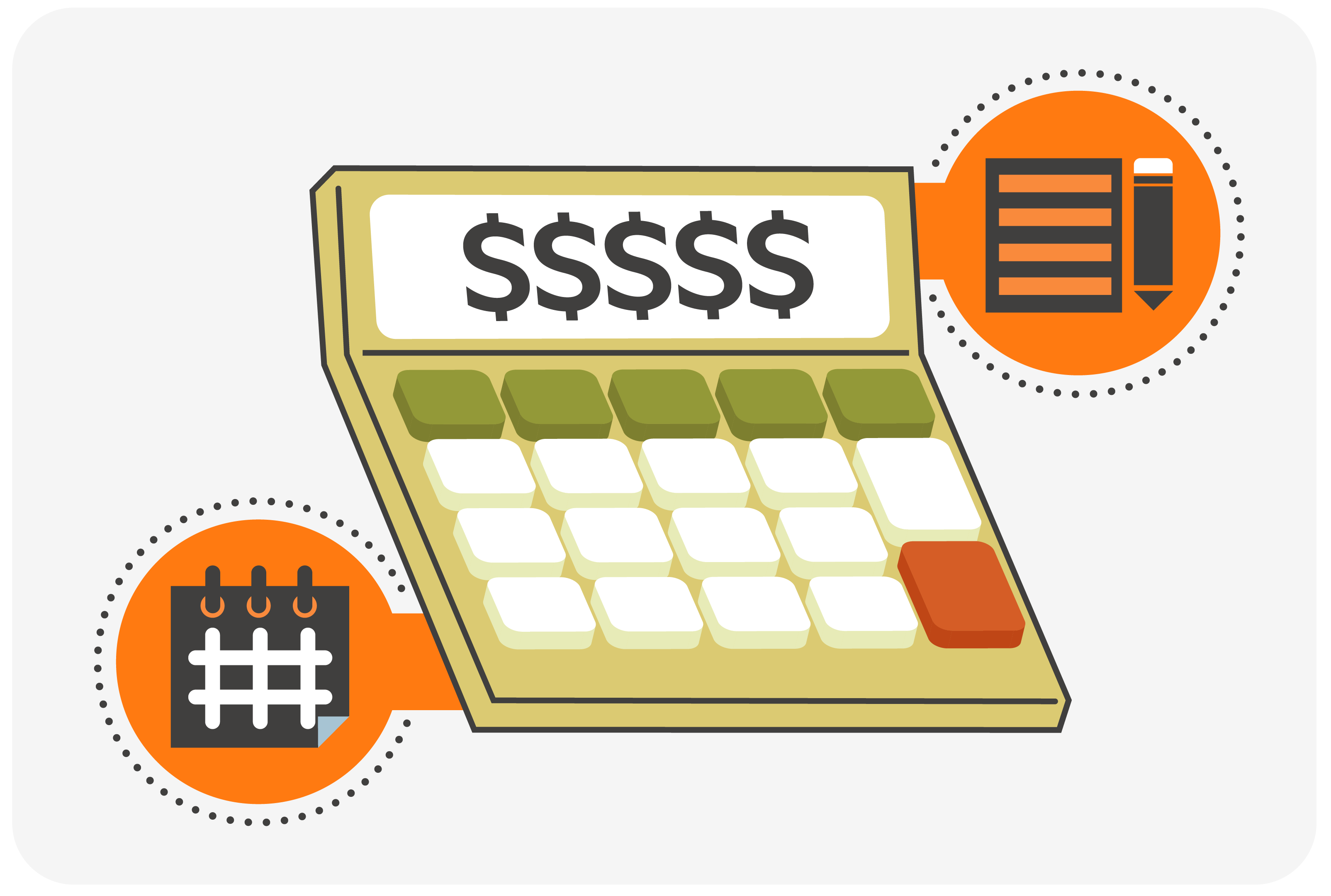 Calculator with dollar signs, surrounded by calendar and document icons, representing payroll calculations.